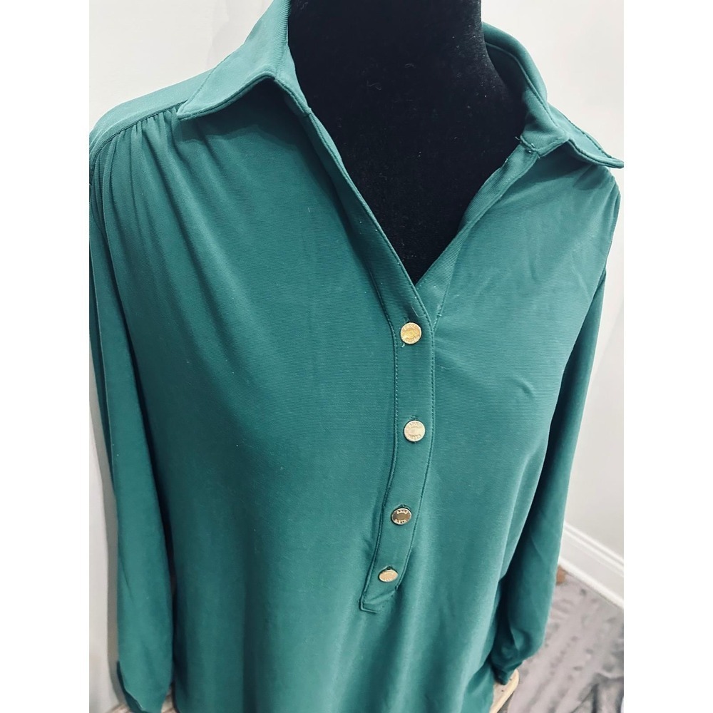 Anne Klein Womens Small Hunter Green Henley Blouse Gold Logo Buttons Long Sleeve - Picture 8 of 9